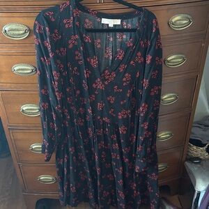 LOFT Plus Black and Red Floral Long Sleeve Dress